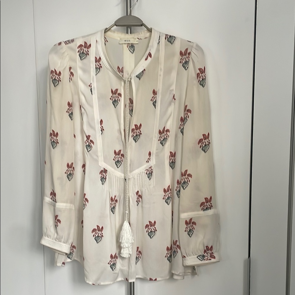 ALC Cream Blouse Tie Front Mandarin Collar